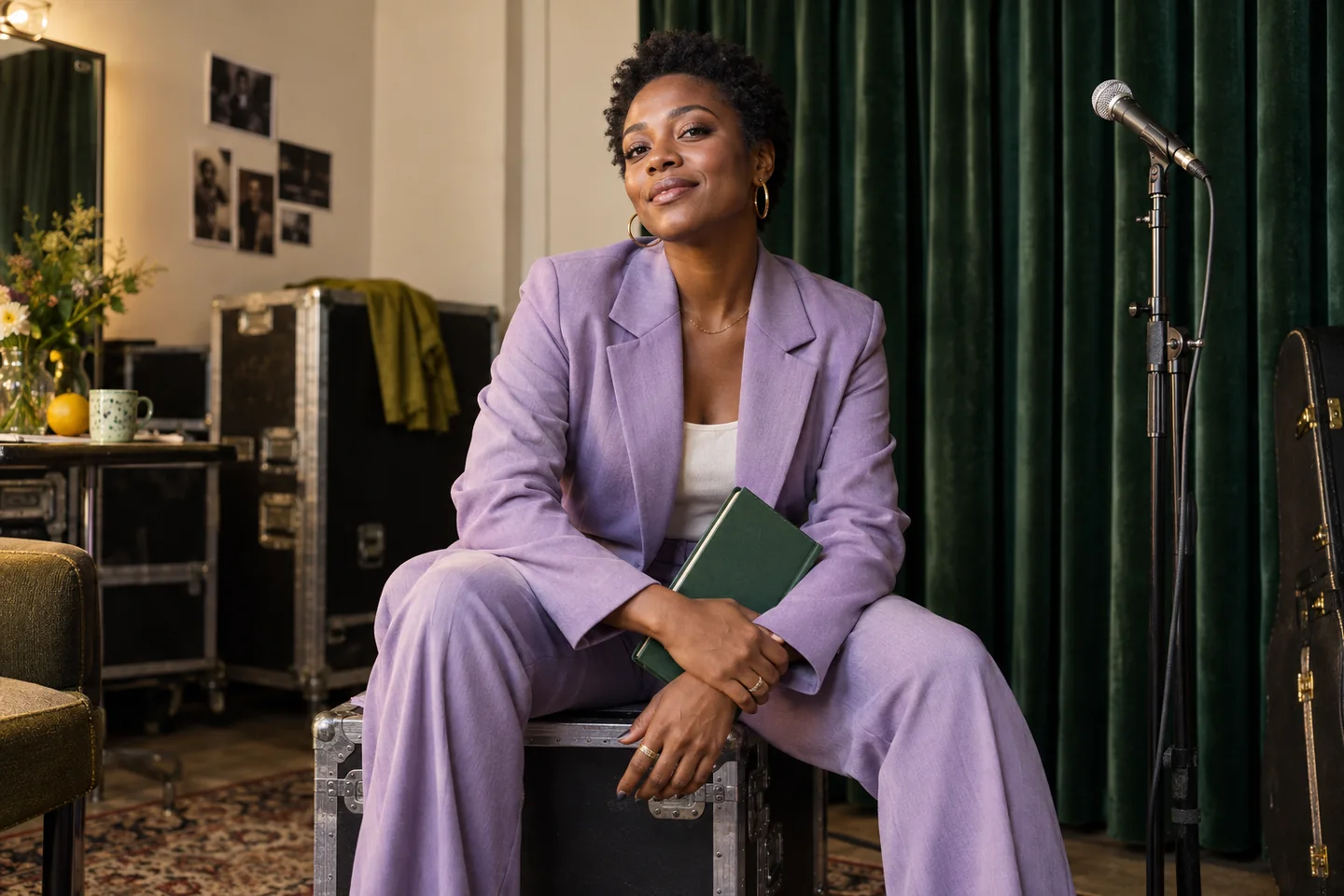 Campaign portrait of a fictional musician getting ready backstage.
